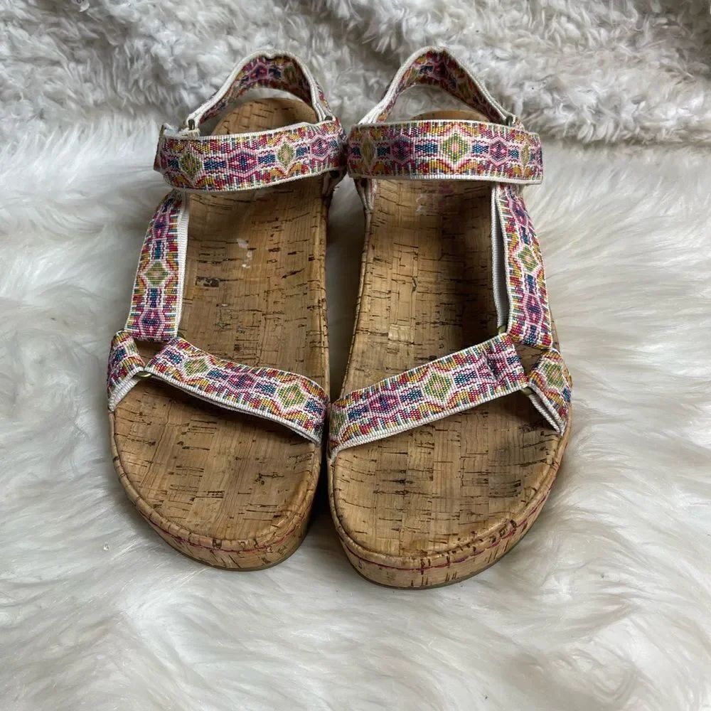 Born Sirena multi color  fabric strap cork wrap platform wedge sandals SZ11